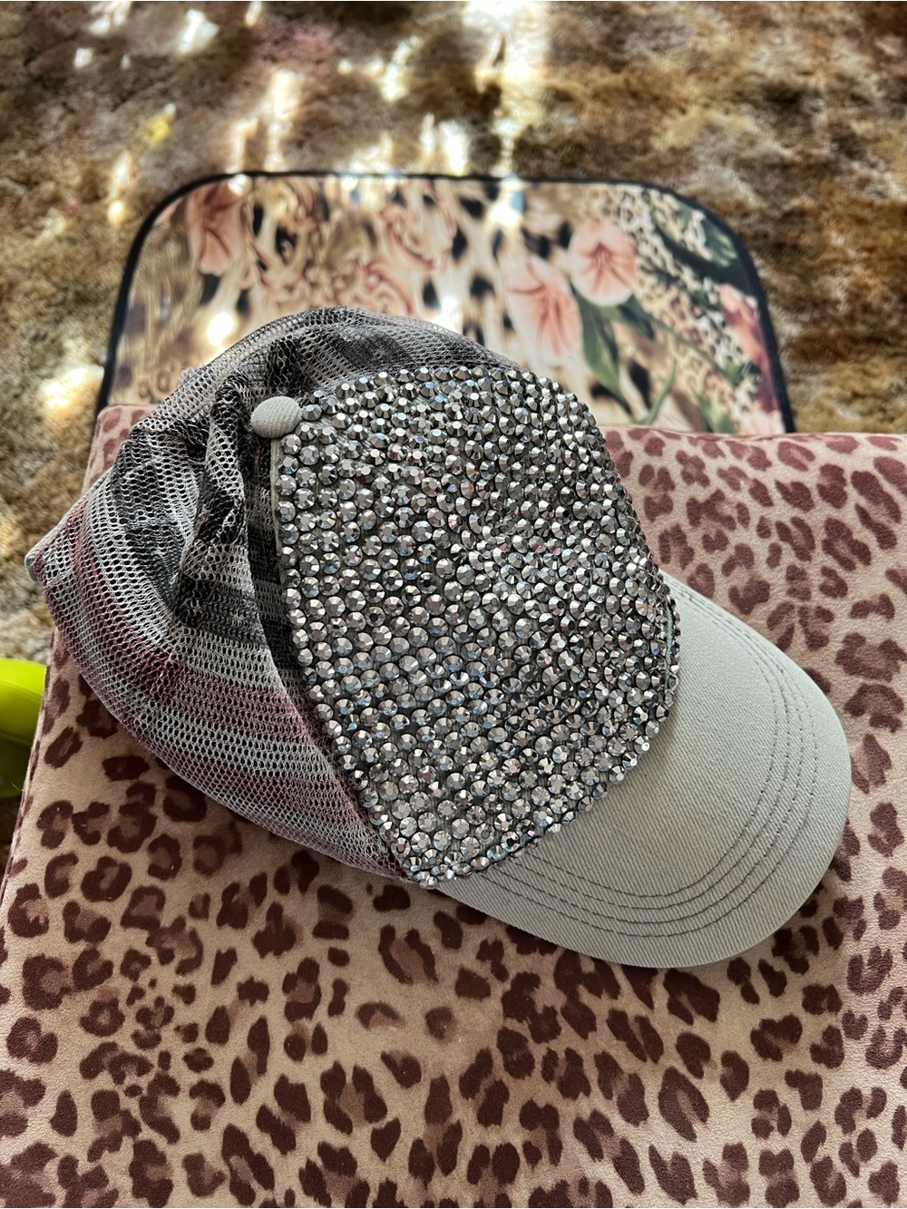 Rhinestone Mesh Cap in Light Gray